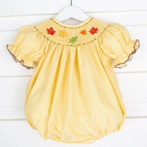 Classic Whimsy Fall Leaves Smocked Bubble Yellow Gingham